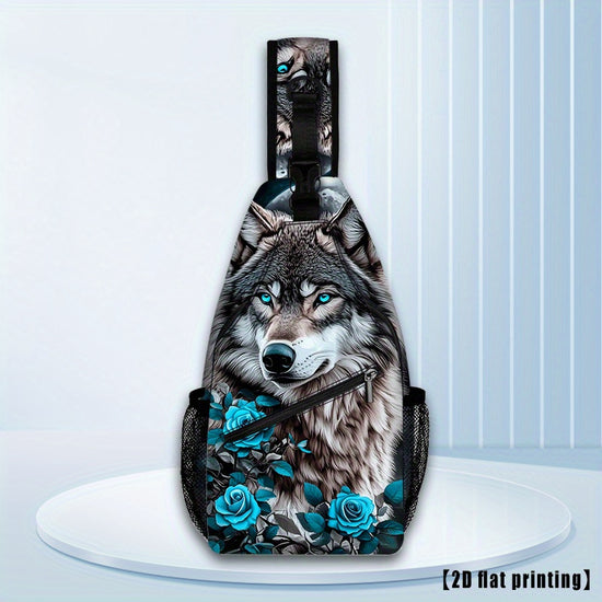 Sac bandoulire et poitrine loup et fleurs bleues